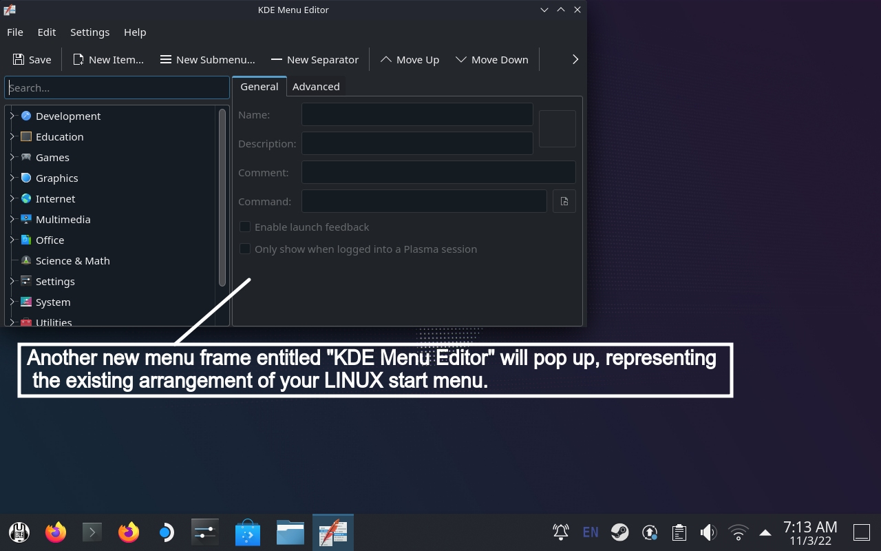 KDE Menu Editor pops up.