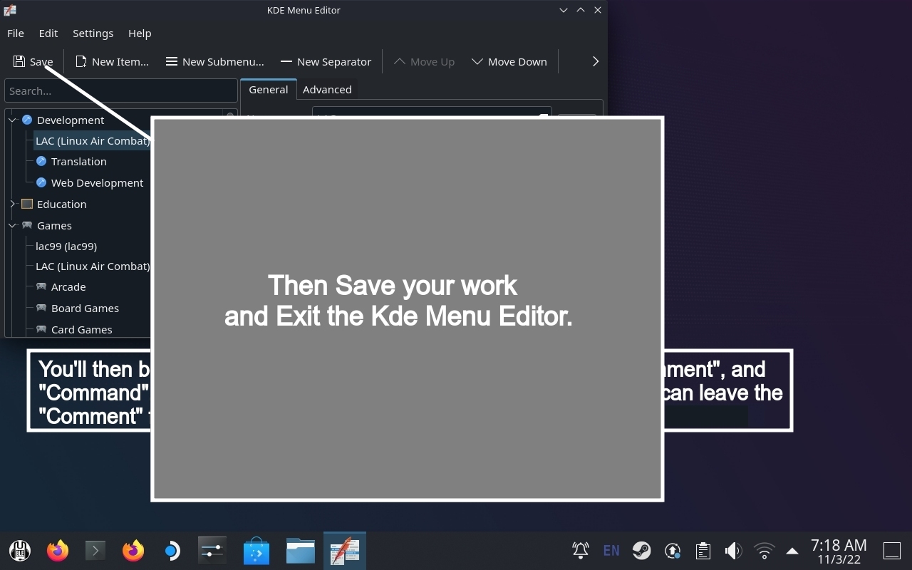 Save Changes and Exit KDE Menu Editor.